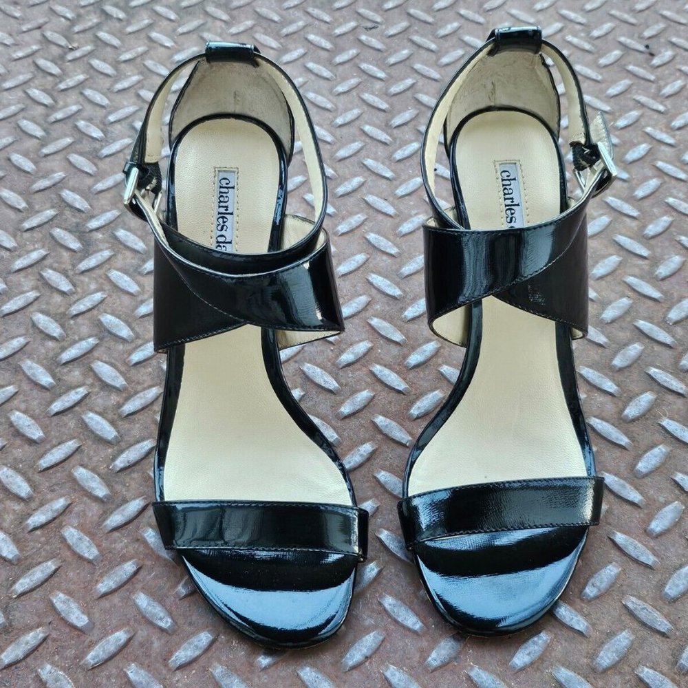 Charles David Women Heel Black Patent Leather Upper Sandal Strappy Shoes Size 7 - Picture 2 of 11